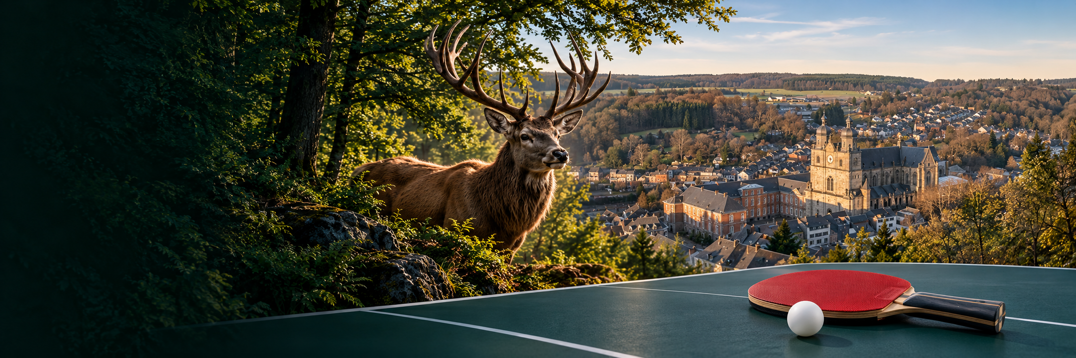 Photomontage généré : cerf, centre de Saint-Hubert et basilique, raquette et balle de tennis de table